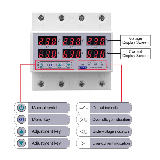 Protection Réglable 380V 63A 3P+N tension et corant avec afficheur TOMZN TOPD3-63VA